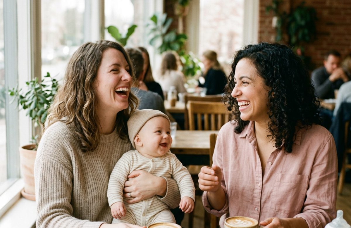 Two mums having coffee with a baby