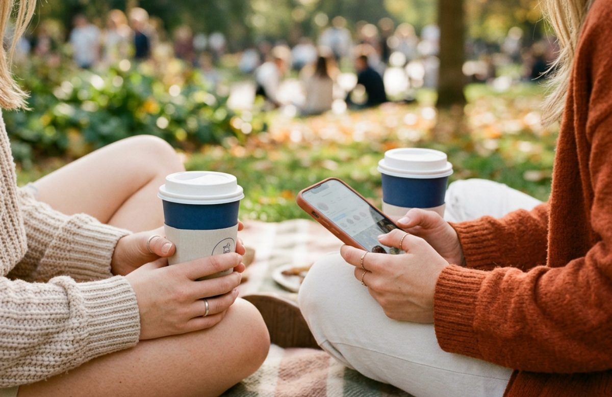 Two friends with coffee and a phone on a picnic blanket