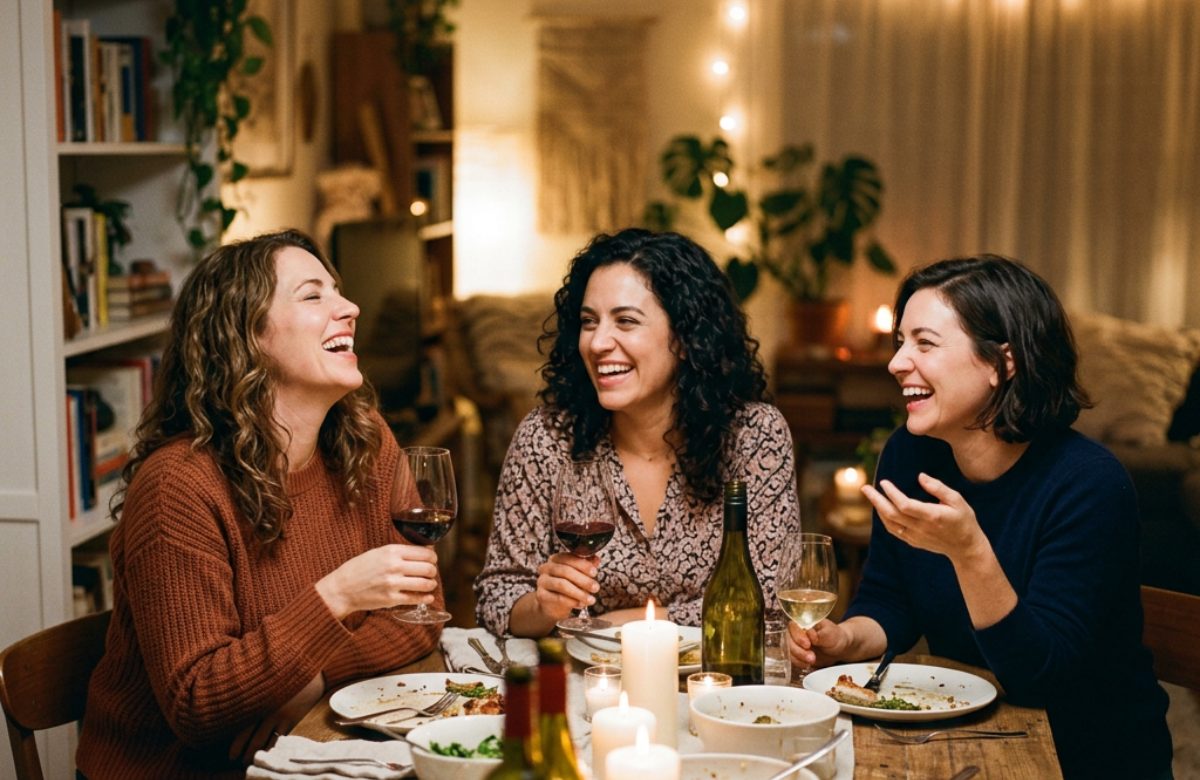Friends sharing dinner and laughing