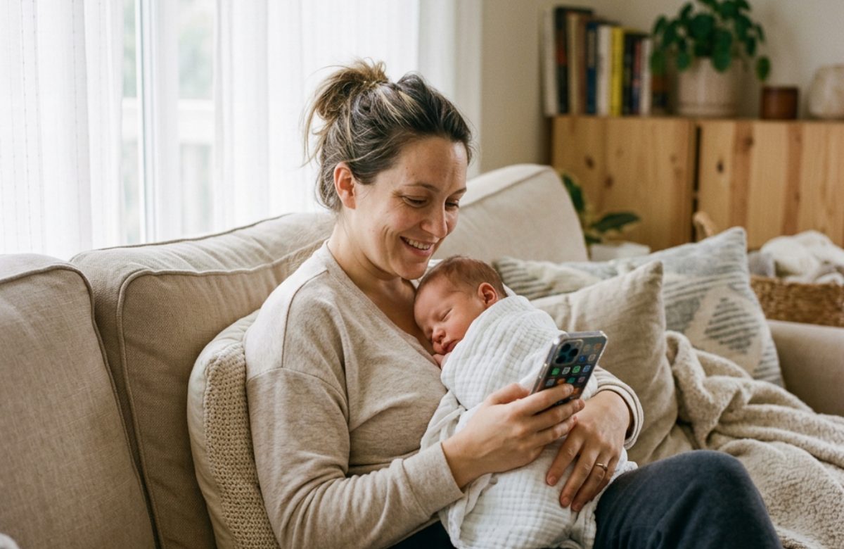 A new mum at home holding her baby and looking at her phone