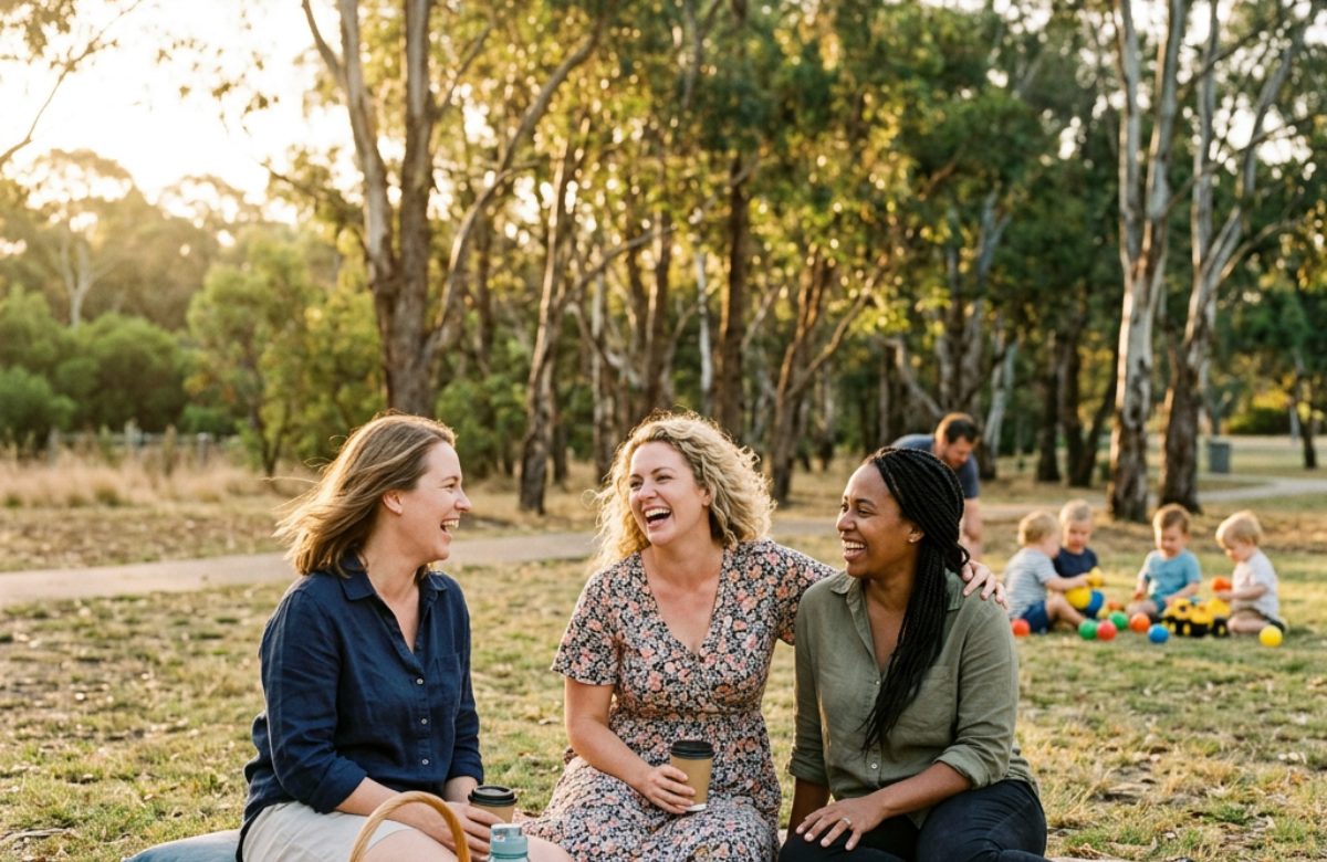 Three mums laughing together on a picnic blanket in a park