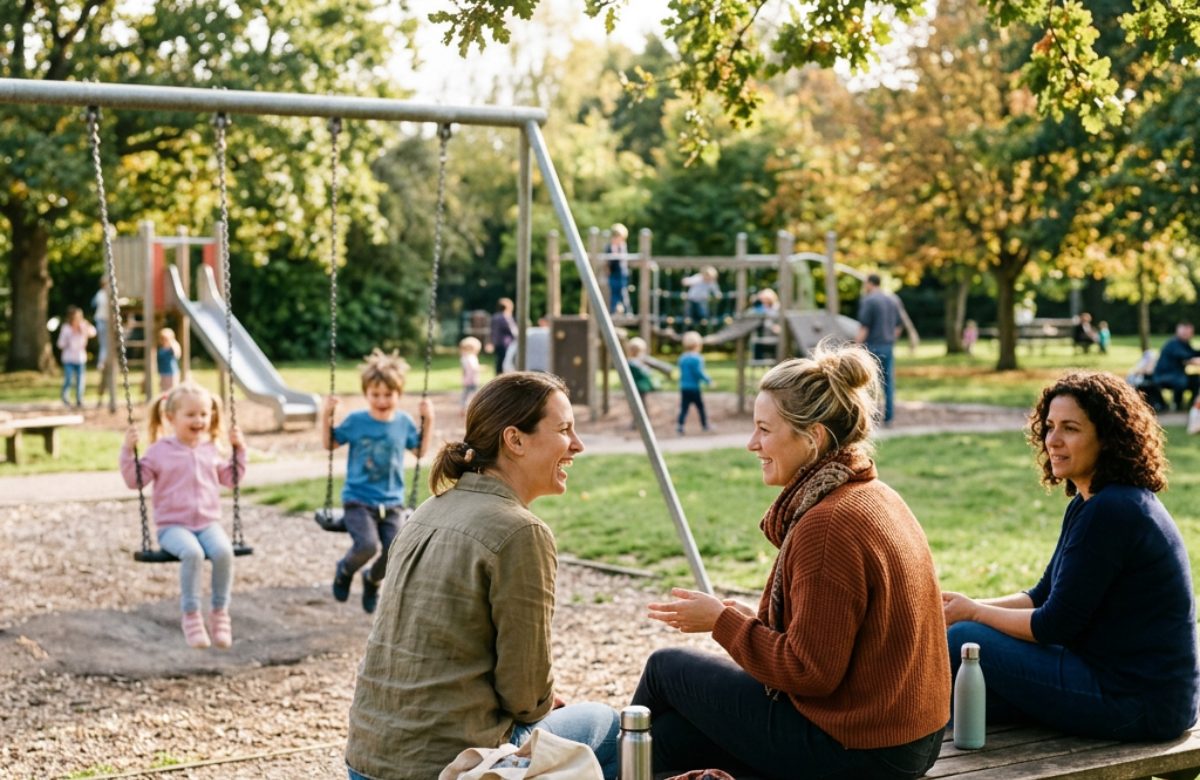 Mums chatting on a park bench while children play