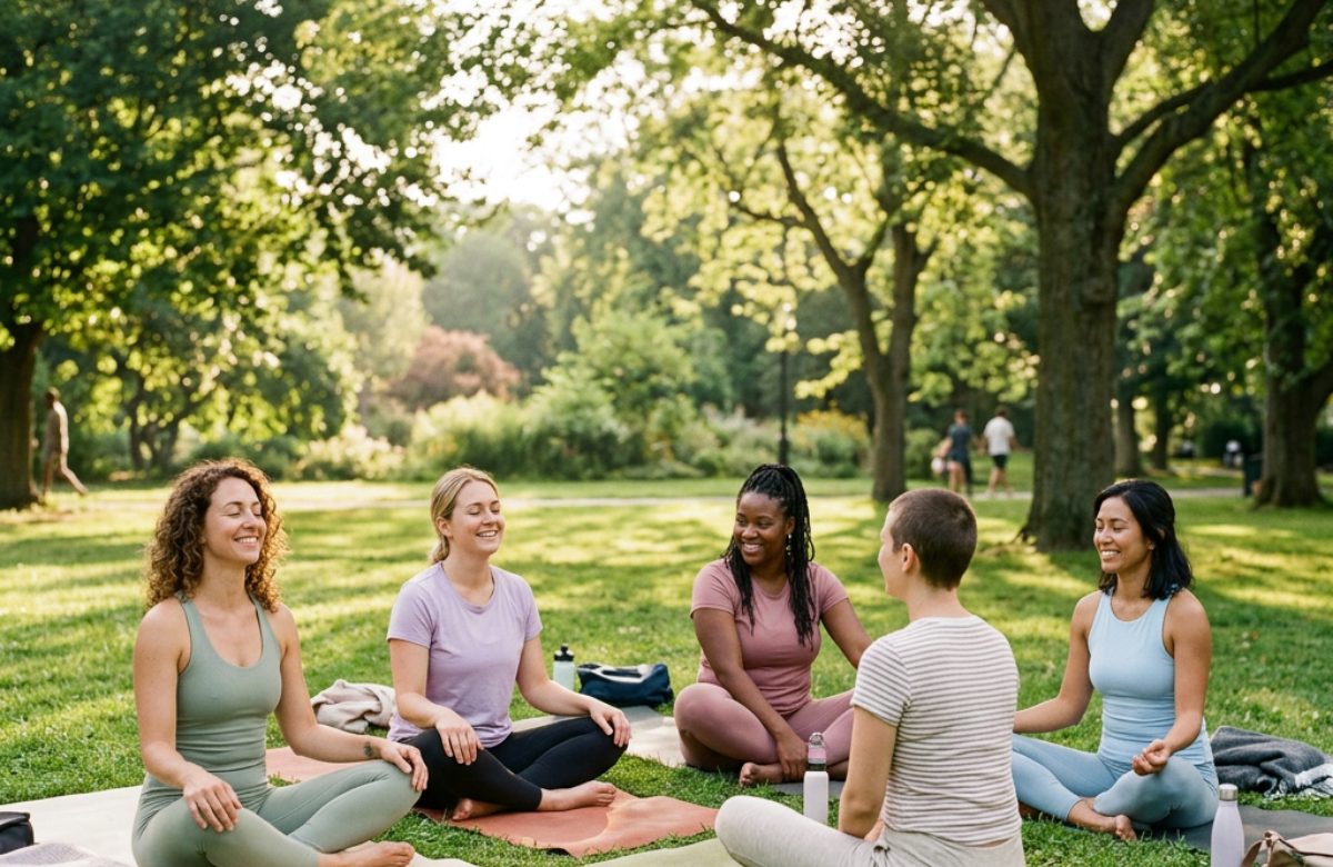 Mums doing yoga in the park